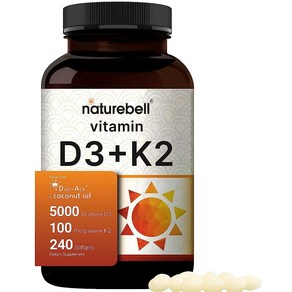 NatueBell 비타민 D3 K2 (10 000 IU D + 200mcg K MK-7) 완벽한 흡수를 위한 코코넛 오일 함유 240 소프트젤  뼈 심장 및 칼슘 지원 하루, D3 K2 5,000 IU, 240 Count (Pack of 1), 1개, 240정