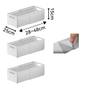 길이조절 폴딩 수납 정리함 바구니 3P 5가지사이즈 2가지컬러 끈적임없는 고급 방수라벨스티커와 고정버클 포함, 3세트, 화이트