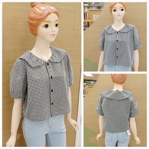 [소이주니어]논현점 23년여름신상 ** 시원한소재 길이 짧아요 ** 블랙 체크카라 크롭블라우스 ** 마네킹 키 155 11호 착용 **