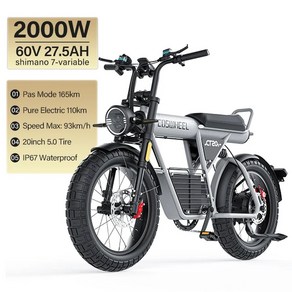 Coswheel 성인용 전기 자전거 오토바이 드라이트 바이크 팻 타이어 2000W 93 Km/h 20 인치 60V 27.5AH, 2000W-60v-27.5AH