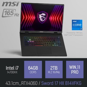 MSI 소드 17 HX B14VFKG / 캐드 영상편집 고스펙 게임 RTX4060 17인치 노트북, 블랙, 2TB, 64GB, WIN11 Po