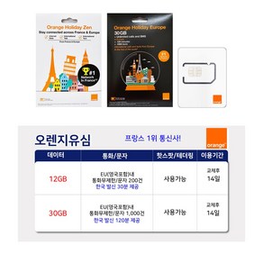 유럽유심 프랑스 오렌지 유심, 14일, 12GB, 1개