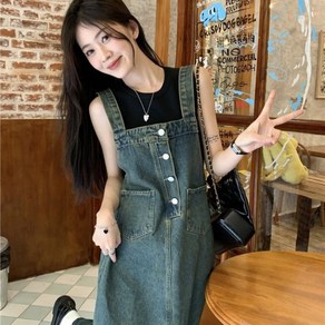 ANYOU 여성 데님원피스 와이드 멜빵 청치마 멜빵원피스 하객원피스