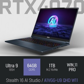 MSI 스텔스 16 AI Studio A1VGG-U9 QHD W11, WIN11 Po, 64GB, 1TB, 블루