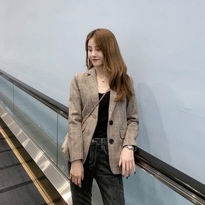 ROYALBELLE 여성 루즈핏 체쿠무늬 정장 재킷 카라넥 데일리 디자인 원버튼 자켓 V91718