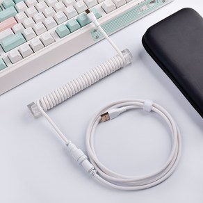 시카이 프리미엄 코일형 탈부착 키보드 케이블 USB A-USB C 에비에이터 케이블 게이밍 셋업 장비 타입 C 포트 2단식 케이블 세트 키보드 적용, 1세트, 화이트+투명막대기, 1600mm