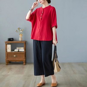 중년 엄마 봄여름 면마 세트 여성 린넨 면 마 반팔 블라우스 상의 + 루즈핏 팬츠 슬림핏 티셔츠 데일리 투피스 YMY