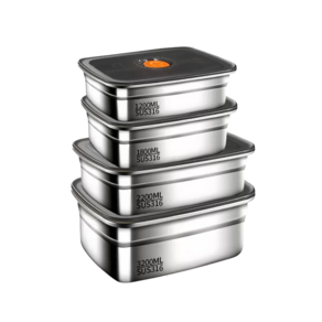 MoningSea 다기능 스텐 냉장 보관용 뚜껑 밀폐 수납 과일 도시락통 4종 세트, 1세트, 1200ml+1800ml+2200ml+3200ml