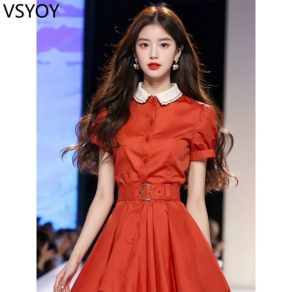 vsyoy 원피스 섬세한 붉은 원피스 여름 새로운 여성