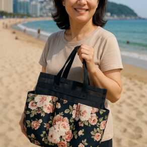 줌마리빙 물빠지는 엄마목욕가방, 블랙 플라워
