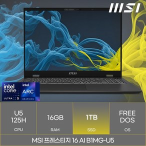 MSI 2024 프레스티지 16 AI 코어Ulta5 인텔 14세대, 블랙, 1TB, 16GB, Fee DOS, 16 AI B1MG-U5