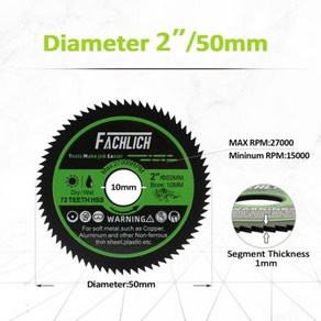3인치그라인더날 절단석 멀티 커팅 휠 FACHLICH 초박형 디스크 HSS 소프트 금속 커터 구리 파이프 알루미늄 목재 미니 그라인더 보어 10mm 2 인치 3 톱날 Dia50 7, 1개