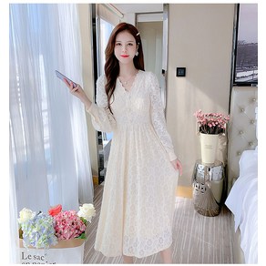 화이트 레이스 롱슬리브 원피스 여성용 우아한 디자인 데일리 캐주얼룩