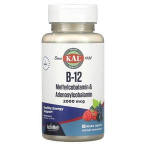 Kal B-12 Methylcobalamin & Adenosylcobalamin 2000mcg Activmelt 믹스드 베리 타블렛, 60정, 1개