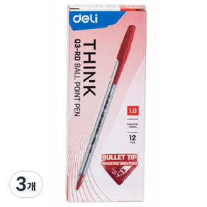 델리 사무용 유성 볼펜 1.0mm EQ3 12p, 레드, 3개