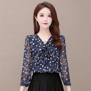 besteffie 여성 세련된 디자인 빅사이즈 봄 가을 패션 브이넥 프린트 쉬폰 블라우스 여자 빈티지 스타일 셔츠 K98