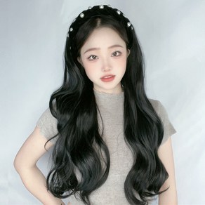 하이유니 블랙벨벳 진주 헤어 밴드 머리띠 가발 65cm, 웨이브펌, 네츄럴블랙, 1개