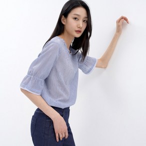 지센 (2컬러) 잔스트라이프 프릴넥 셔츠 LFWSN408 389303