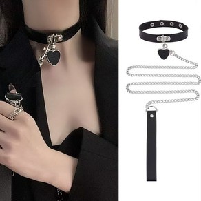 BLACK K7 choker 레더 스트랩 체인 초커 가죽 하트 초커 목줄 체인 세트 펑크 목걸이