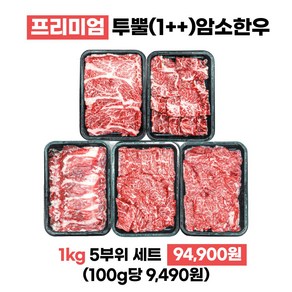 투뿔 1++ 한우세트 구이용 1kg 프리미엄 미경산 암소한우 꽃등심 채끝살 차돌박이 특수부위 2종 각 200g