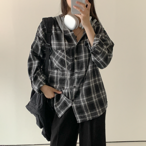 슬로우베리 데일리 체크 박시 긴팔 후드 셔츠 남방