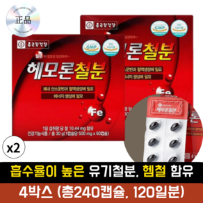 HnF 종근당 헤모론 철분 GMP 온가족 철분제 흡수율높은 유기철분 헴철 함유, 2세트, 120정