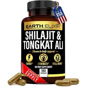 Eath Elixi 어스 엘릭서 실라짓 1000mg 통캣 알리 400mg 180캡슐 20% 풀빅산 퓨어 히말라야 유기농 용 수지보다 더 강력함, 180정, 1개