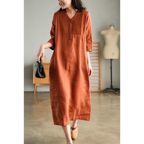 COBOTOR 여성 린넨 원피스 브이넥 오버핏 a라인 캐주얼 여자 봄 여름 가을 반팔 롱원피스 linen dress women XK0122