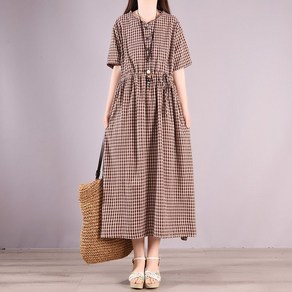 COBOTOR 여성 린넨 원피스 격자무늬 오버핏 a라인 캐주얼 여자 봄 여름 가을 긴팔 롱원피스 linen dress women XK0121