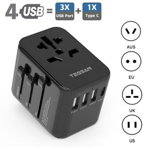 TESSAN 범용 여행용 어댑터 USB 포트 C 타입 고속 충전 전세계 전원 EU UK USA AUS 플러그 65W GaN, 633FC-BK, 1개