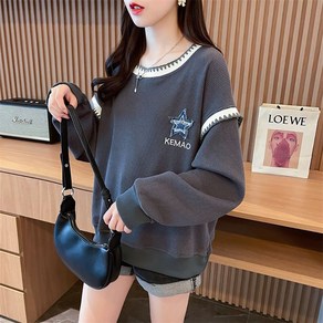 ROYALBELLE 여성 배색 라운드넥 루즈핏 춘추용 캐주얼 빅사이즈 데일리룩 맨투맨 심플 티셔츠 Y070805