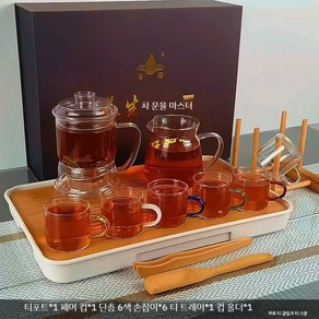 티팟세트 티포트 반자동 내열유리 차 주전자 티메이커 차포트, 301mL(포함)-400mL(포함), A. 투명 6색 옆손잡이 단층컵+백대차 트레이, 1개