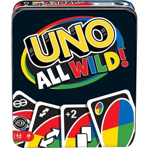 Mattel Games UNO 가족 파티 및 여행을 위한 올 와일드 카드 게임 모든 카드가 야생인 수집용 틴 케이스 2~10명의 플레이어 (아마존 독점), UNO All Wild!