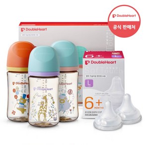 더블하트 모유실감 3세대 PPSU 디어프렌즈 트리플팩 240ml+젖꼭지(2입), 3세대 젖꼭지L, 1개, 트리플팩 (서커스베어&블루밍가든&하늘을날꼬양)