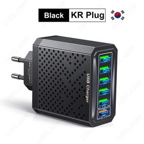 USLION 6 in 1 USB 충전기 QC3.0 고속 충전 스마트기기 여행용 어댑터 KR 플러그, 블랙, 1개