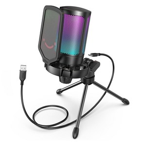 FIFINE A6V USB 콘덴서 마이크 팟캐스트 녹음 PC 컴퓨터 게임 스트리밍 마이크 RGB 조명 음소거 버튼 헤드폰 잭 데스크탑 스탠드, 검정