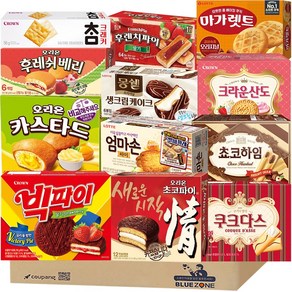 [블루존] 사무실 탕비실 간식 파이 과자 12종 세트 (오리온초코파이+카스타드+참크래커+후레쉬베리+엄마손파이+몽쉘+마가렛트+빅파이+후렌치파이+초코하임+쿠크다스화이트+딸기산도), 1개