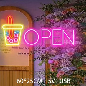 라멘 벽장식 네온 사인 가능한 조명 주방 네온사인 방 LED 아트 작동하는 램프 달러, 오픈 밀크티 컵