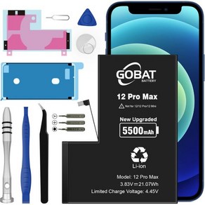 GOBAT 아이폰12 프로 맥스 배터리 교체 모델용 5500mAh 대용량 A2410 A2411 A2412 A2342 공구 키트 포함, 1개