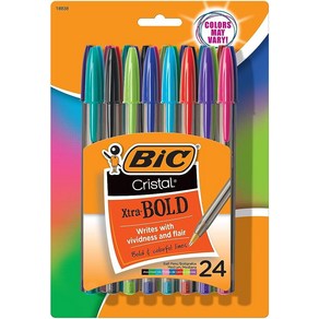 BIC MSBAPP241-A-AST 크리스탈 엑스트라 볼드 패션 볼펜 미디엄 포인트 (1.6mm) 다양한 색상 24개입, 모음_24 Count (Pack of 1)