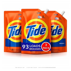 타이드 세탁 세제 1.41L 3팩 오리지널 Tide Laundry Detergent Liquid Original Scent HE Turbo Clean Pack of 3 Smart Pouches 48 oz Each 93 Loads Total