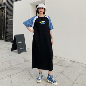 [SEONGJIN]봄/여름 빅사이즈 배색 반팔 오버핏 롱 원피스 롱 티셔즈