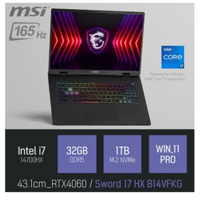 MSI 소드 17 HX B14VFKG / 캐드 영상편집 고스펙 게임 RTX4060 17인치 노트북, WIN11 Po, 16GB, 512GB, ABSOLUTE BLACK