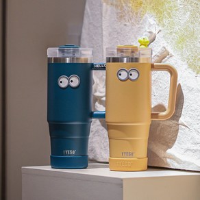 잔집사 대용량 차량용 입출식 빨대 텀블러 눈알패치 받침포함 900ml, 머스타드 Lim401, 1개