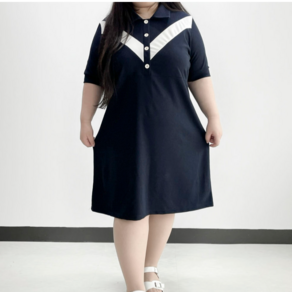 (3size/77-120) 줄리 귀여운매력 브이 배색 반팔 원피스 빅사이즈 카라 단추 하객룩 오피스룩 추천 미디