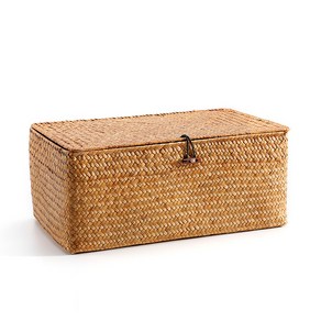 라탄 박스 다용도 3단 라탄바구니 중간 수납함 뚜껑 인테리어 수납 가방, 업그레이드 스몰 22X14X10CM, 오렌지, 1개