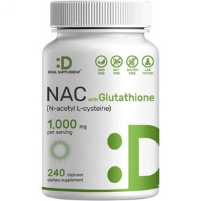 NAC 보충제N아세틸 시스테인 1회 제공량당 1000mg 환원 글루타치온 함유 240캡슐, 240 Count (Pack of 1), 1개, 240정