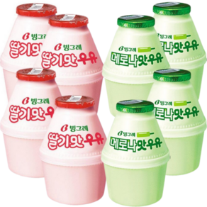 (냉장)빙그레 단지 딸기우유 2종 혼합세트 (딸기맛 and 메로나맛), 4세트, 480ml