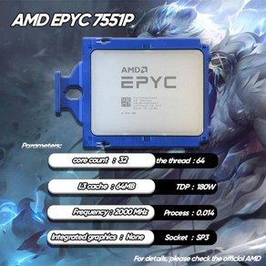 AMD EPYC 7551P 신제품 2.0 GHz 32 코어 64 스레드 CPU 프로세서 180W PS755PBDVIHAF 소켓 SP3 쿨러 미포, 한개옵션0