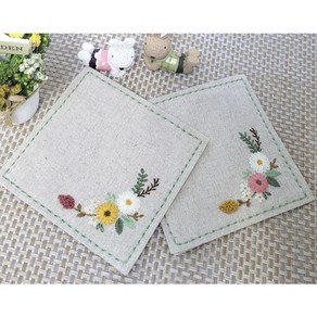 [동영상강의포함] 프랑스자수 울(Wool)실로 수놓은 티코스터 만들기 DIY 패키지, 린넨색 2p, 1세트